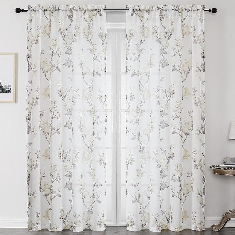 White Floral Polyester Semi-Sheer Curtain Panels, 52" x 63"