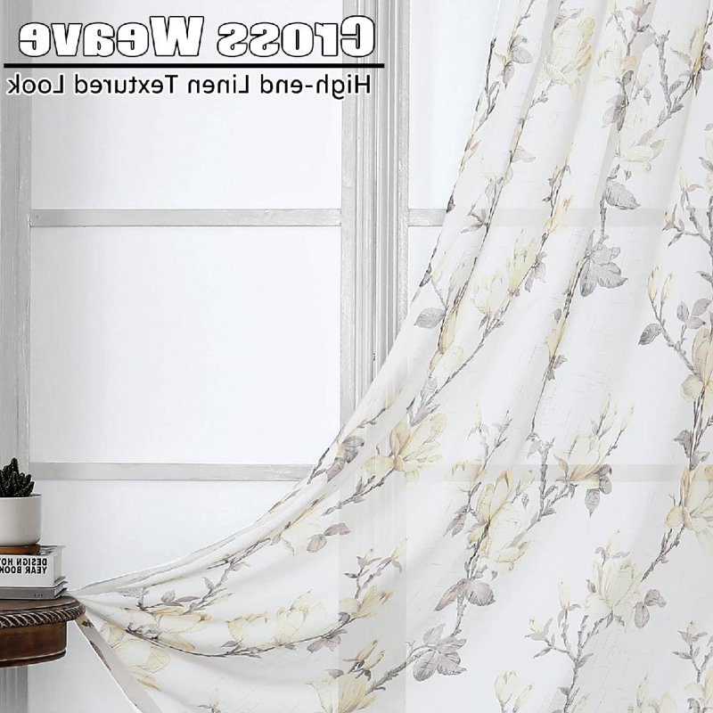 White Floral Polyester Semi-Sheer Curtain Panels, 52" x 63"