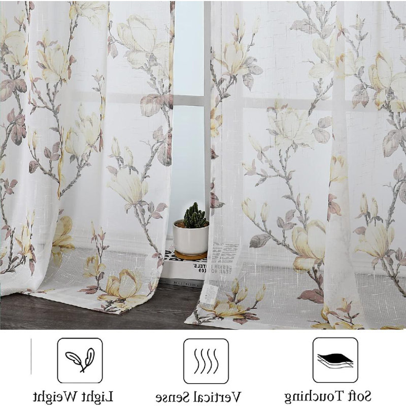 White Floral Polyester Semi-Sheer Curtain Panels, 52" x 63"