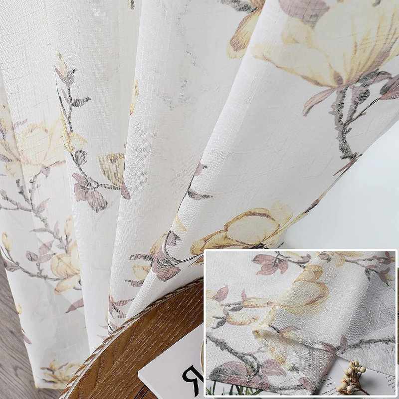 White Floral Polyester Semi-Sheer Curtain Panels, 52" x 63"