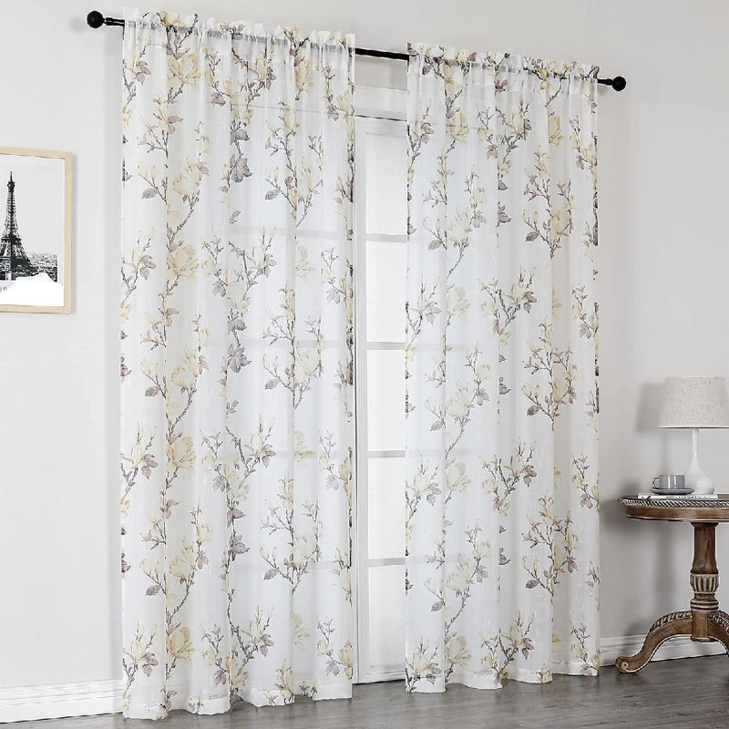 White Floral Polyester Semi-Sheer Curtain Panels, 52" x 63"
