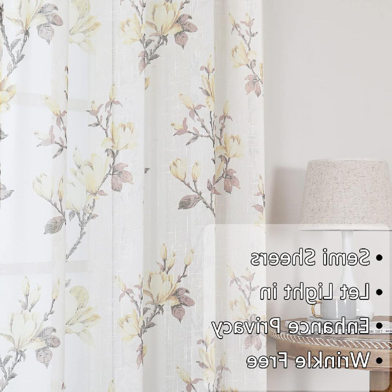 White Floral Polyester Semi-Sheer Curtain Panels, 52" x 63"