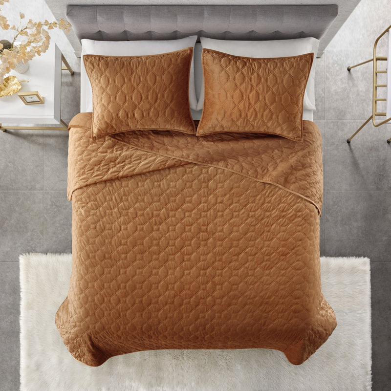 Rust Velvet Reversible Full Quilt Set with Shams
