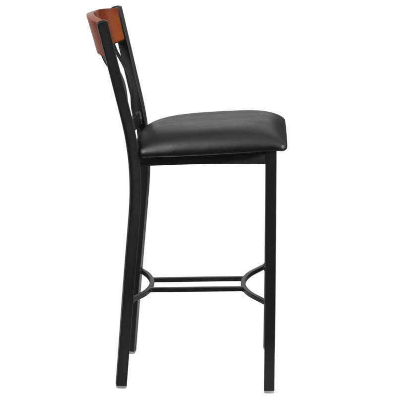 Eclipse 42.75'' Adjustable Walnut Wood and Metal Barstool with Black Vinyl Seat