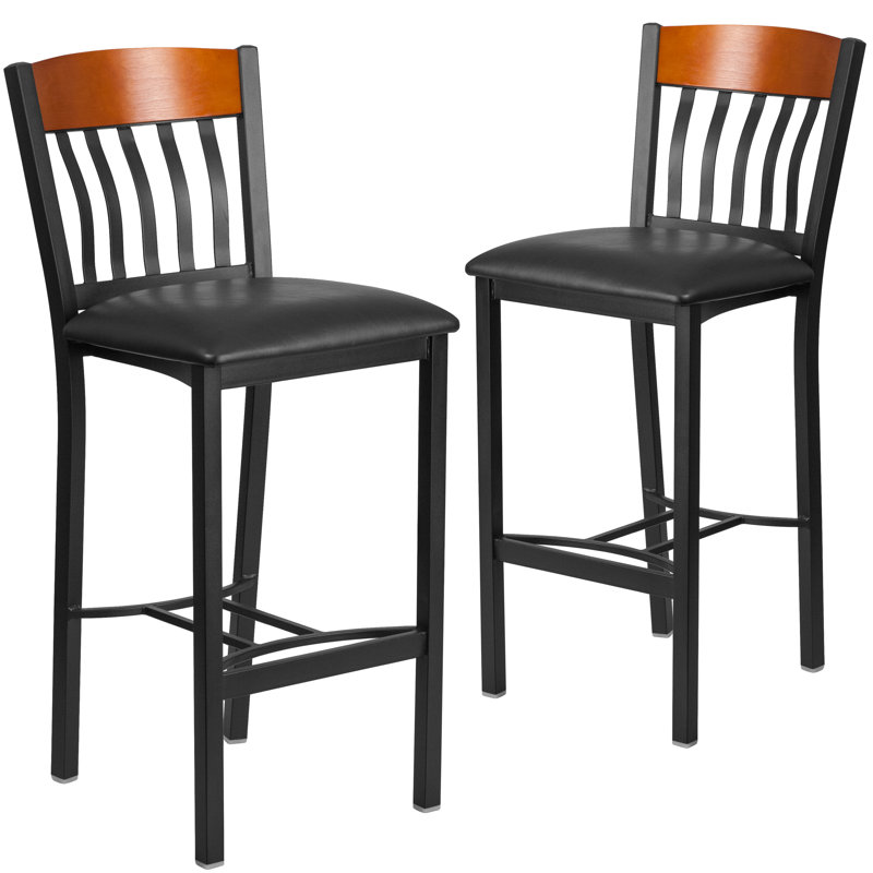 Eclipse 42.75'' Adjustable Walnut Wood and Metal Barstool with Black Vinyl Seat