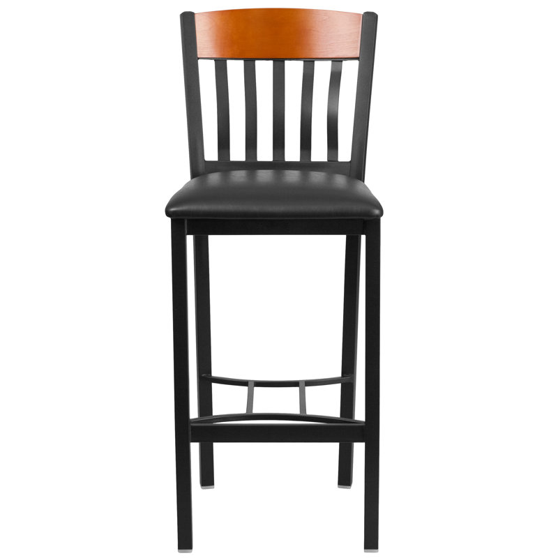 Eclipse 42.75'' Adjustable Walnut Wood and Metal Barstool with Black Vinyl Seat