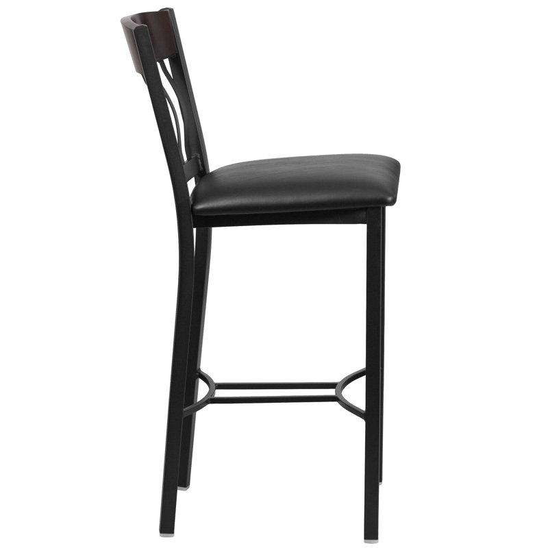 Eclipse 42.75'' Adjustable Walnut Wood and Metal Barstool with Black Vinyl Seat