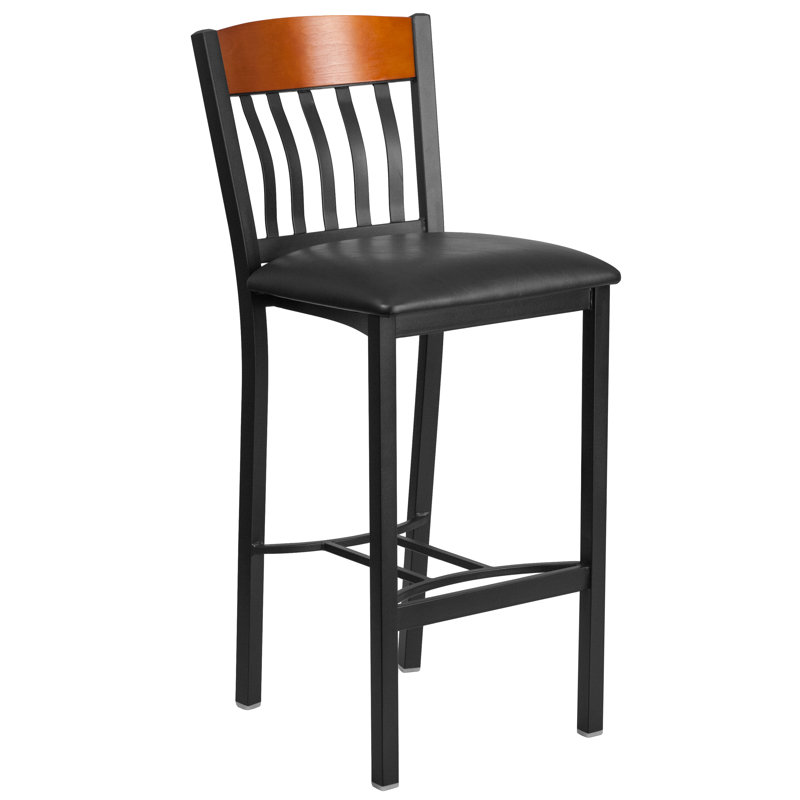 Eclipse 42.75'' Adjustable Walnut Wood and Metal Barstool with Black Vinyl Seat