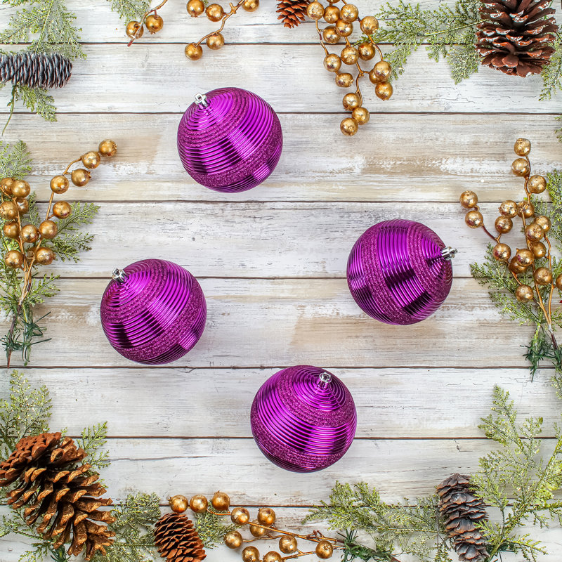 Purple Glitter Ribbed Shatterproof Ball Ornaments, Set of 4