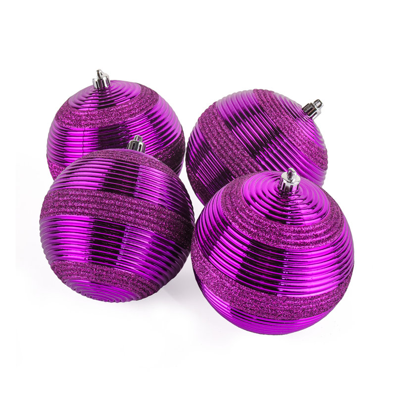 Purple Glitter Ribbed Shatterproof Ball Ornaments, Set of 4