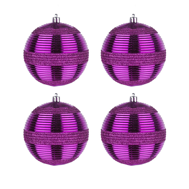 Purple Glitter Ribbed Shatterproof Ball Ornaments, Set of 4