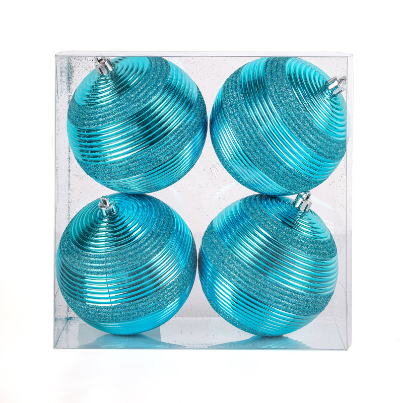 Turquoise Glitter Ribbed Shatterproof Ball Ornaments, Set of 4