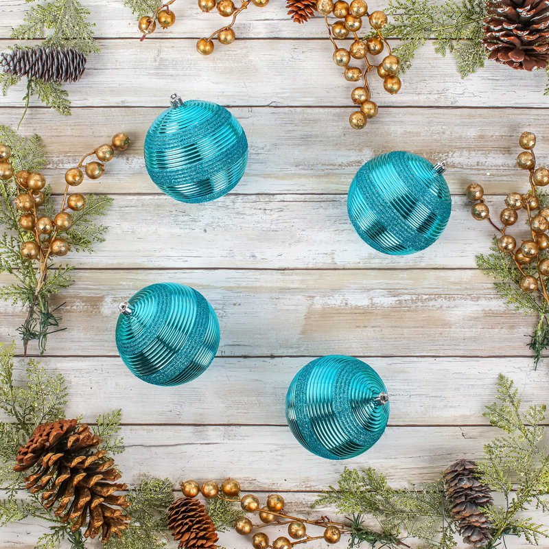 Turquoise Glitter Ribbed Shatterproof Ball Ornaments, Set of 4