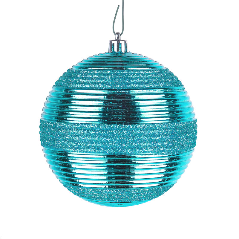 Turquoise Glitter Ribbed Shatterproof Ball Ornaments, Set of 4