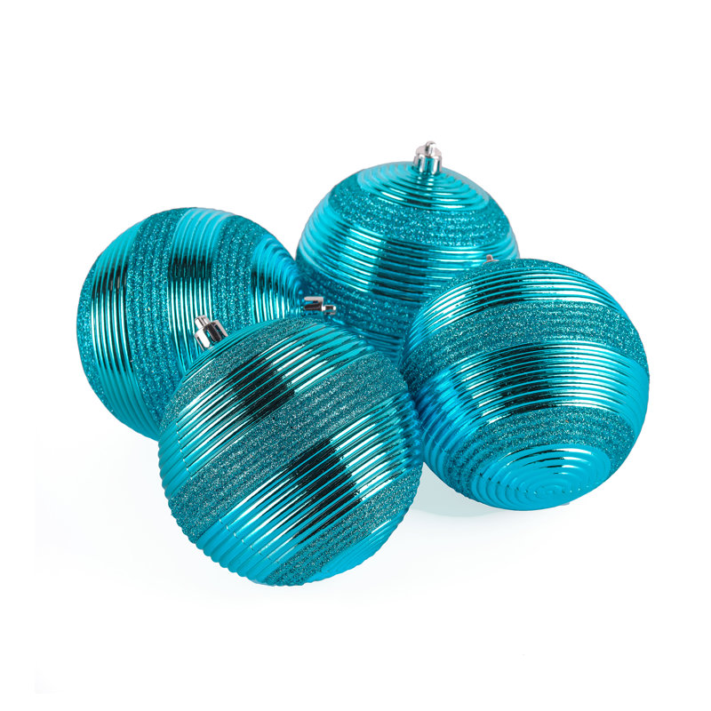 Turquoise Glitter Ribbed Shatterproof Ball Ornaments, Set of 4
