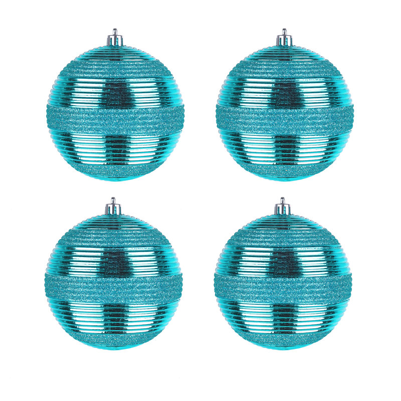 Turquoise Glitter Ribbed Shatterproof Ball Ornaments, Set of 4