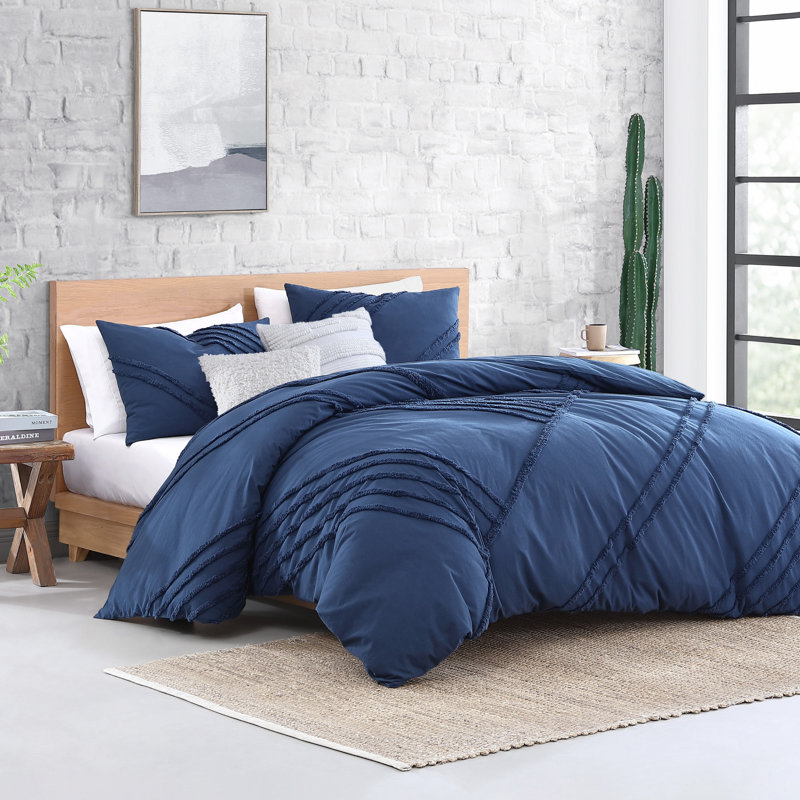 Blue Frayed Cotton Queen Duvet Cover Set