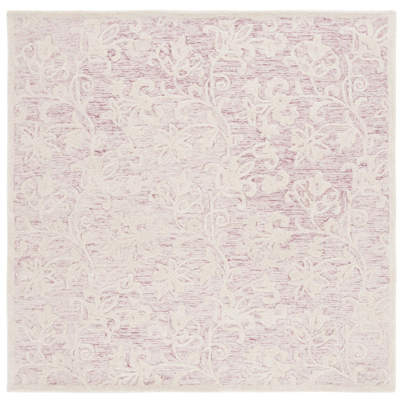 Handmade Pink and Ivory Floral Wool Tufted Square Rug