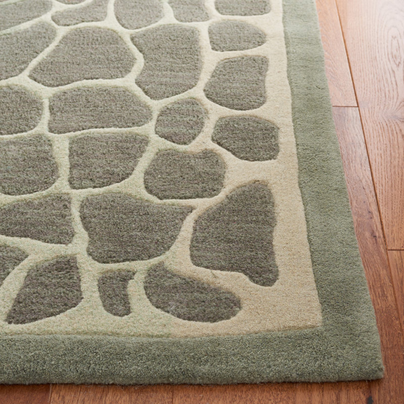 Hand-Knotted Geometric Grassland Green Wool Area Rug, 5' x 8'