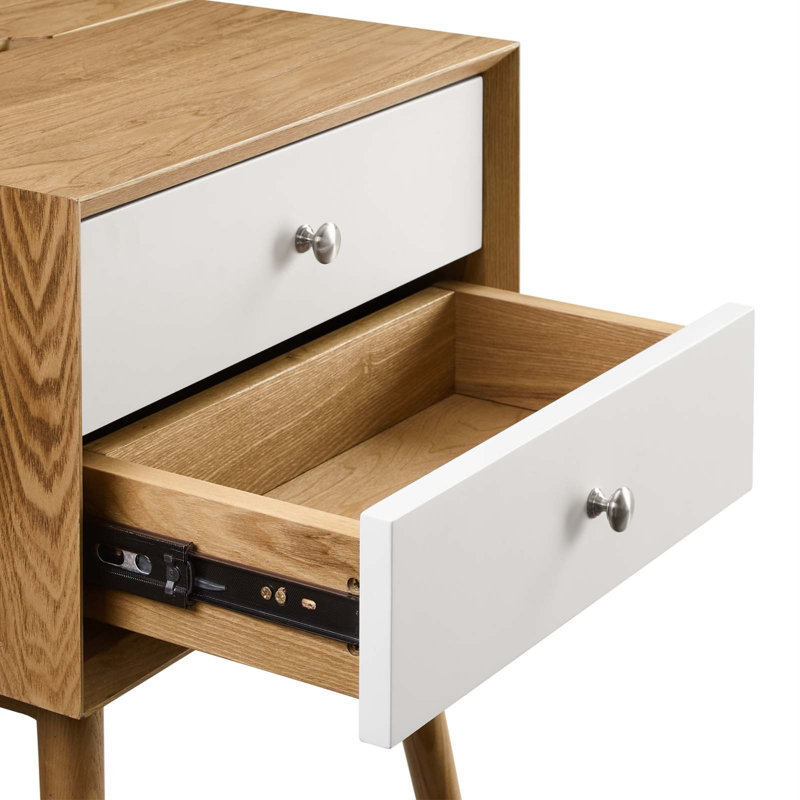 Mid-Century Modern 2-Drawer Nightstand with USB Ports in Natural White