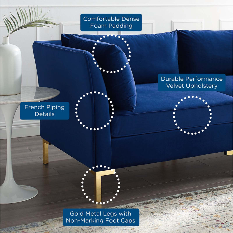Navy Luxe Velvet 72" Loveseat with Gold Metal Legs