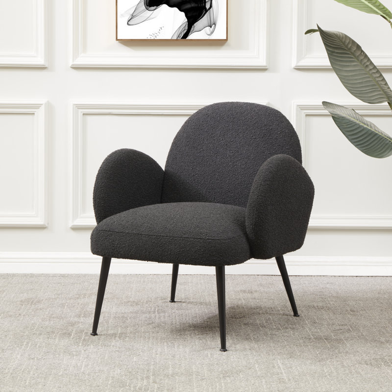 Elegant Black Boucle Wood Accent Chair with Curved Back