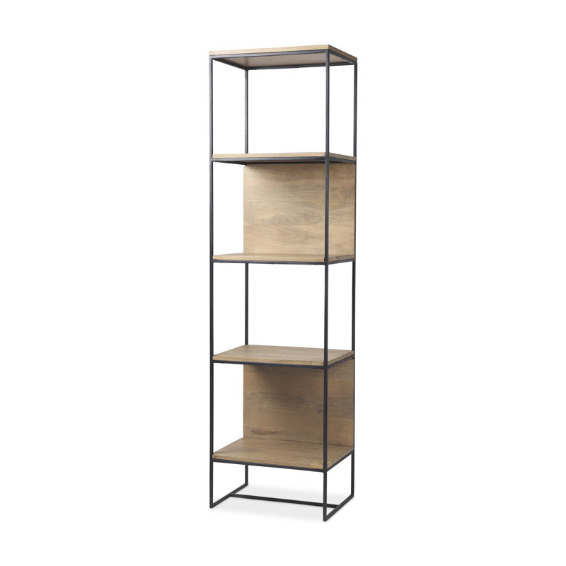Beige and Black Wood and Iron Narrow Etagere Bookcase