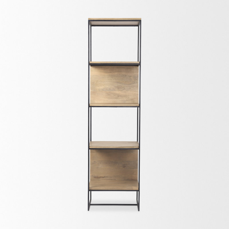 Beige and Black Wood and Iron Narrow Etagere Bookcase