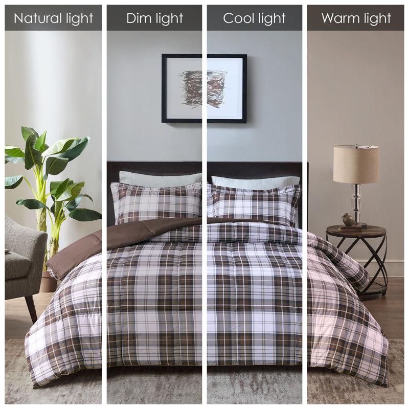King Brown Plaid Microfiber Reversible Comforter Set