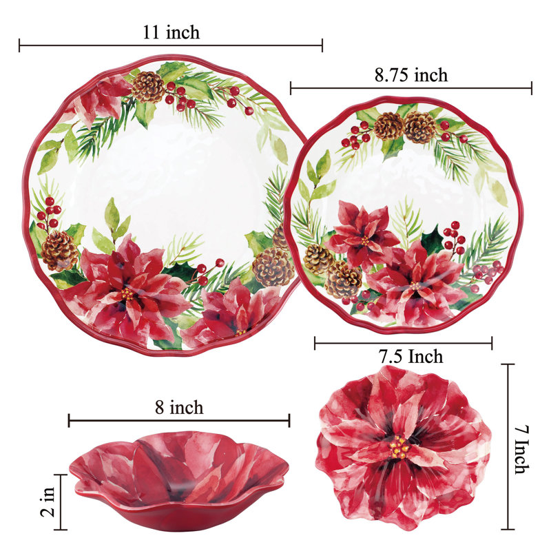 Holiday Poinsettia Melamine Dinnerware Set - Service for 4
