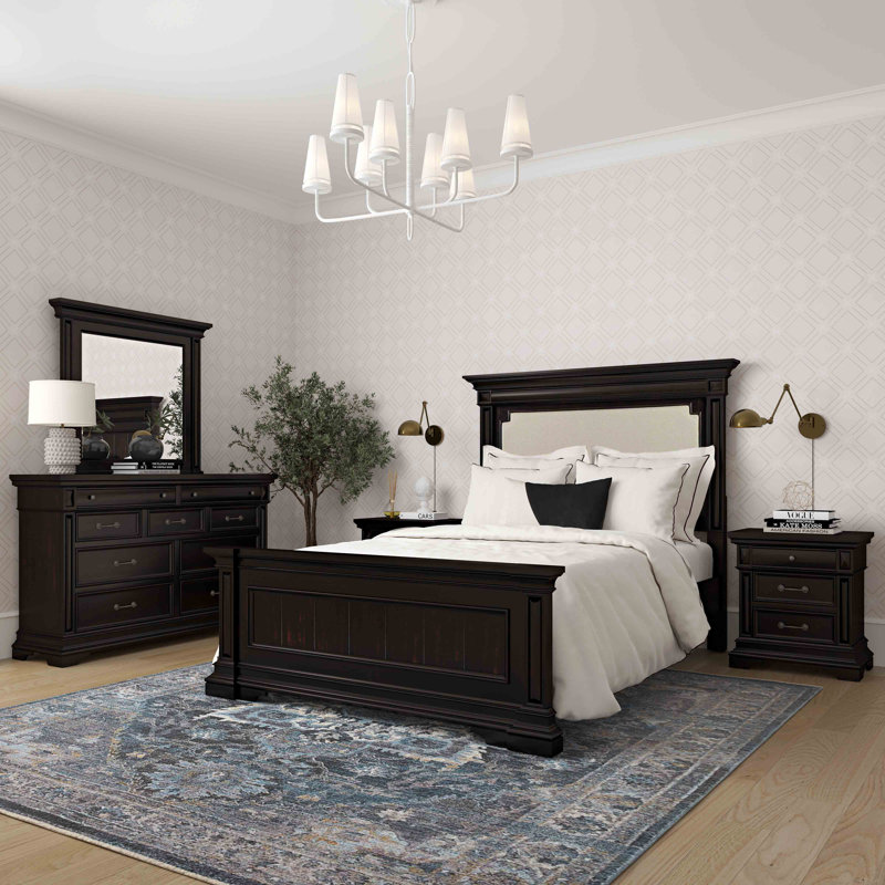 Stamford Dark Brown King Upholstered Wood Bed with Headboard
