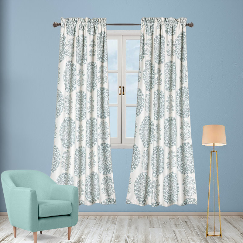 Blue Medallion Pattern Blackout Polyester Curtain Pair