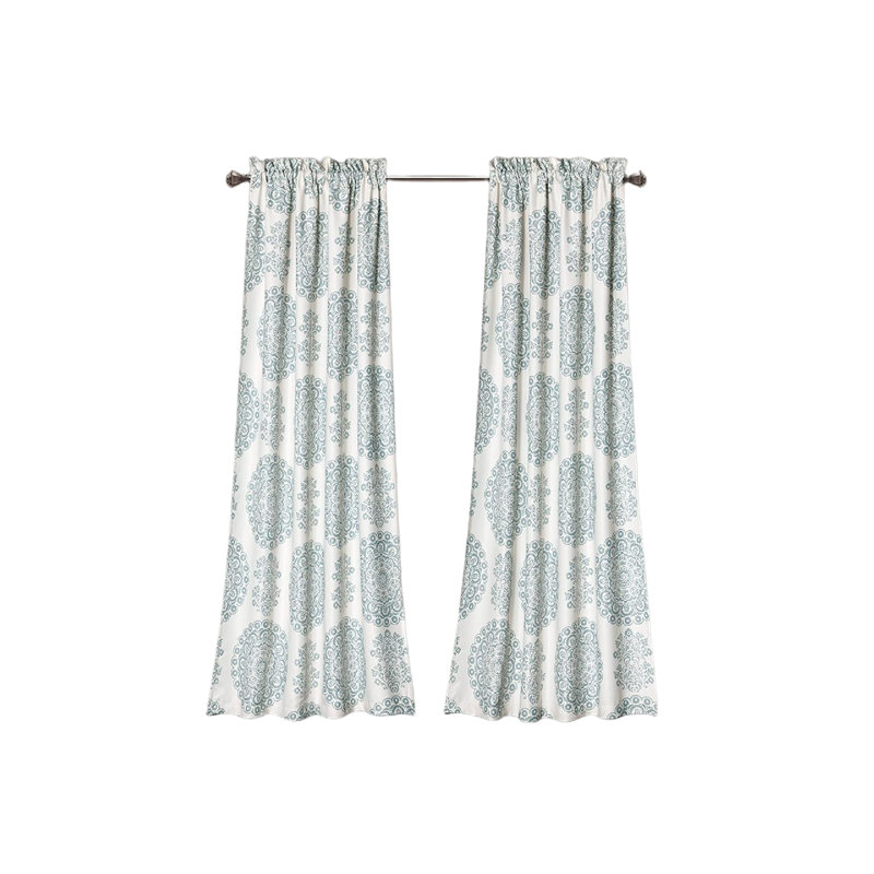Blue Medallion Pattern Blackout Polyester Curtain Pair