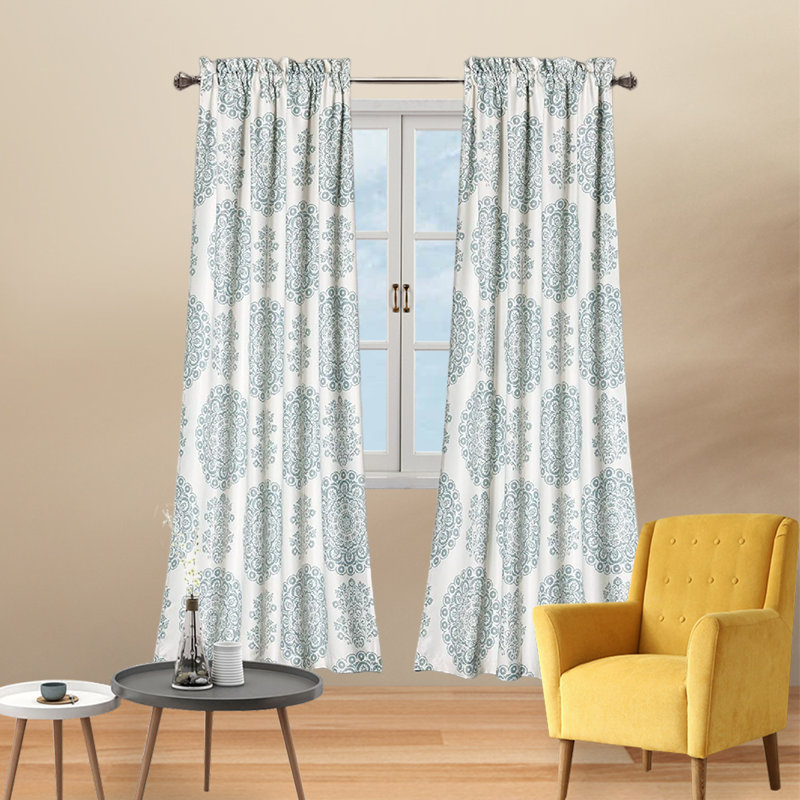 Blue Medallion Pattern Blackout Polyester Curtain Pair