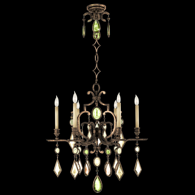 Bronze 6-Light Chandelier with Multi-Colored Crystal Gems