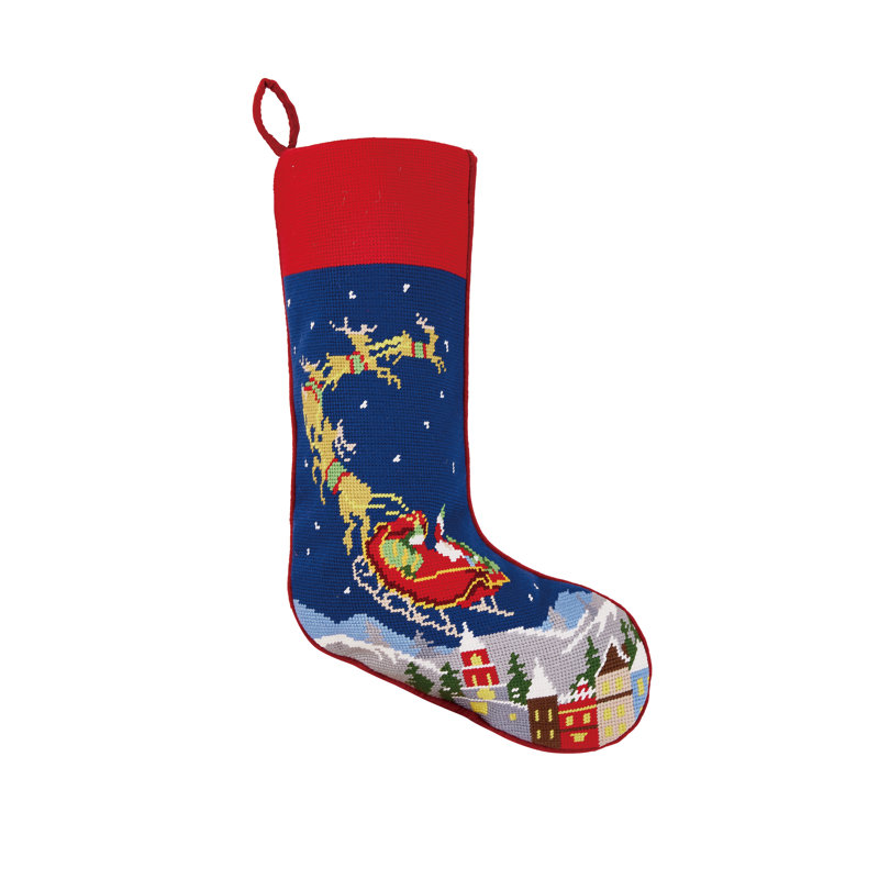 Santa and Reindeer Embroidered Christmas Stocking with Velveteen Backing