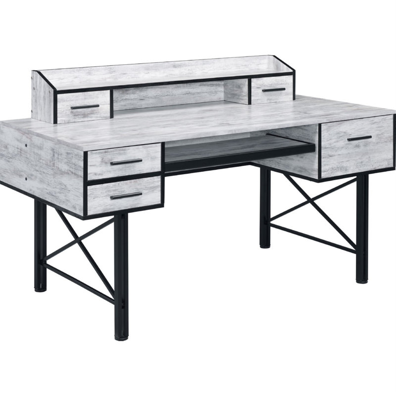 Industrial Black Computer Desk with Adjustable Hutch and Keyboard Tray