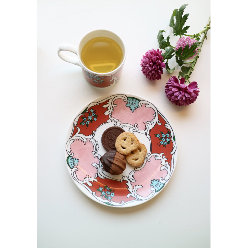 Hand-Painted Porcelain 8.5" Salad/Dessert Plate in Pink and Red