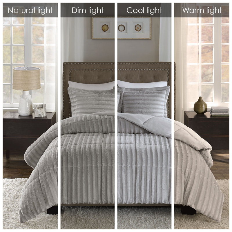 Gray King Faux Fur 3-Piece Comforter Set