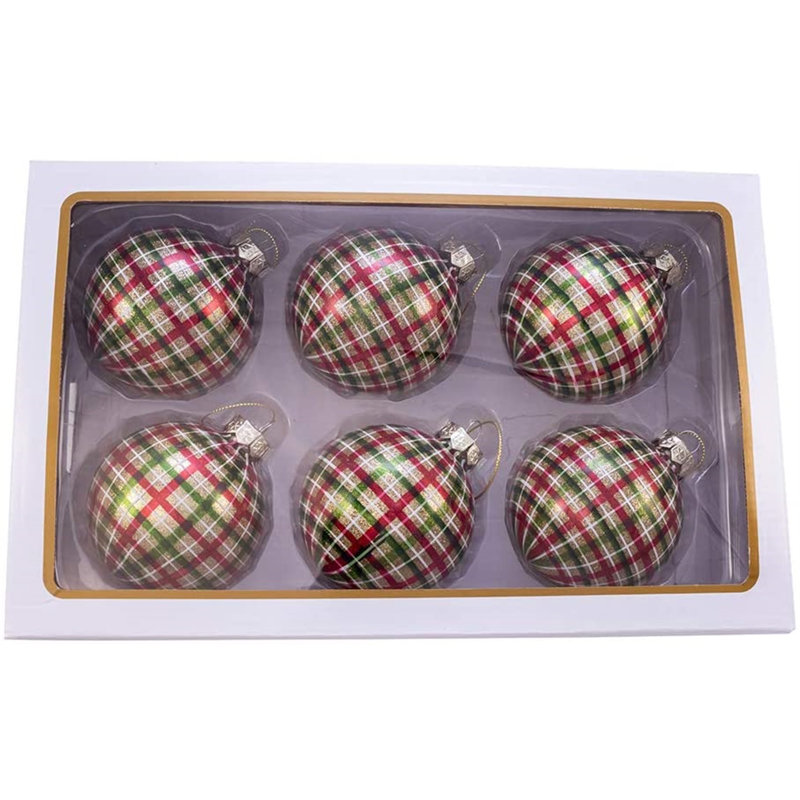 Plaid Glitter Glass Christmas Ball Ornaments Set of Six