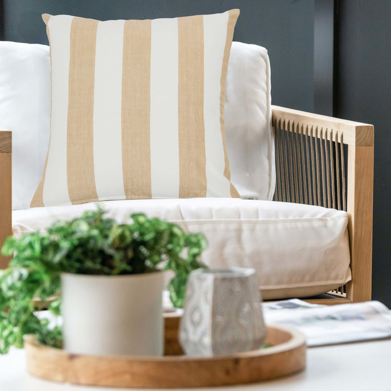 20'' Beige and White Striped Cotton Throw Pillow