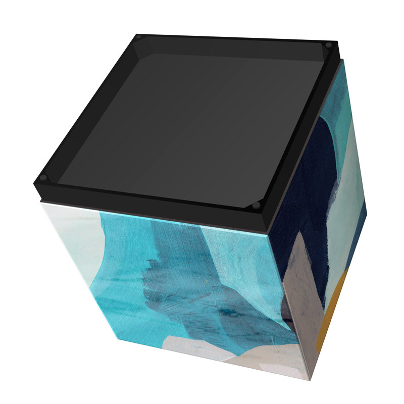 Slate and Cerulean Blue Art Glass Square Side Table with Black Plinth