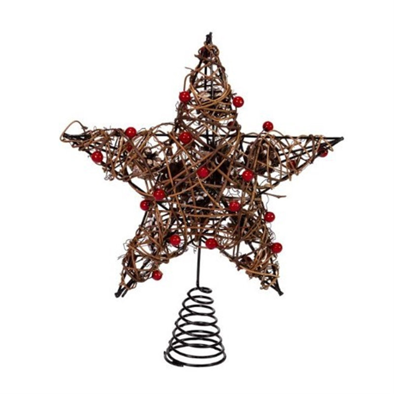 12-Inch Rustic Brown Metal Star Tree Topper with Red Berries