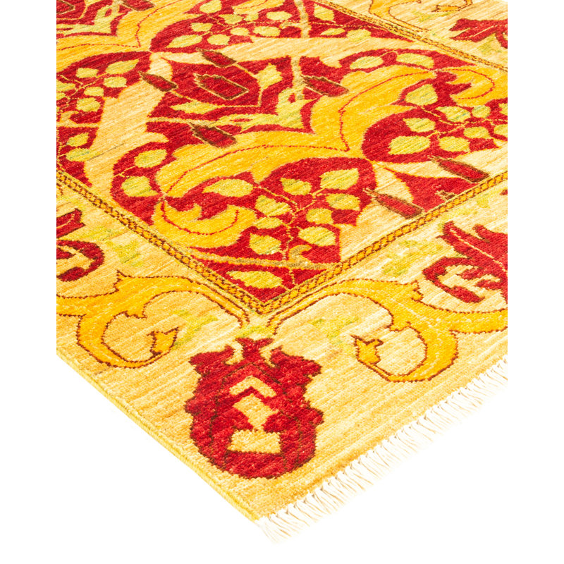 Hand-Knotted Red and Yellow Wool Floral Area Rug
