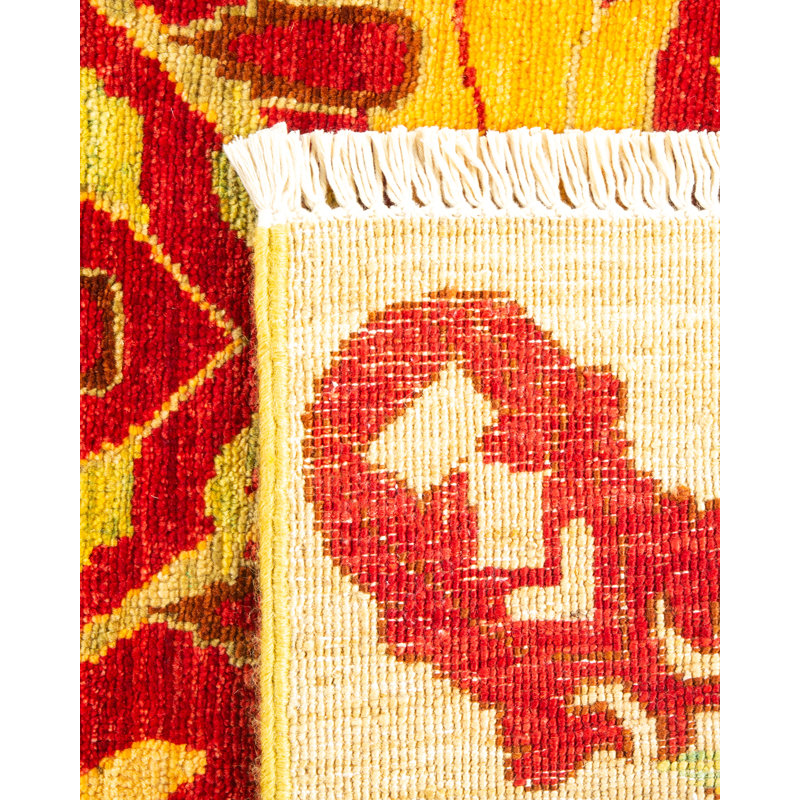 Hand-Knotted Red and Yellow Wool Floral Area Rug