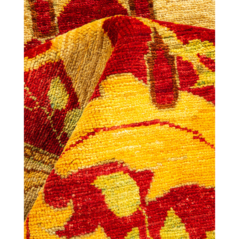 Hand-Knotted Red and Yellow Wool Floral Area Rug