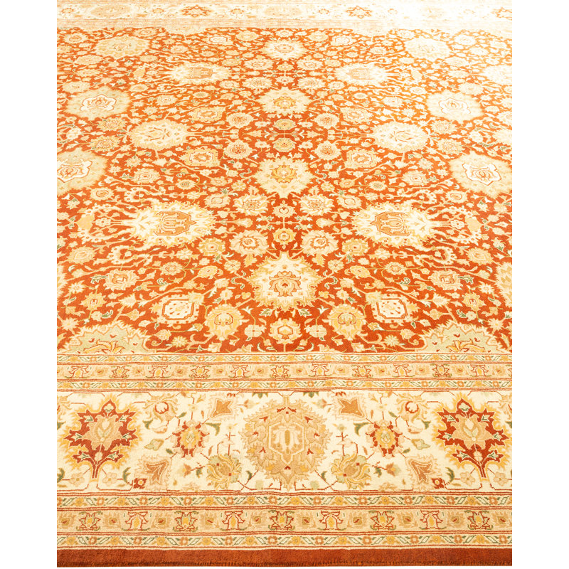 Hand-Knotted Ivory and Orange Wool 8' x 10' Oriental Rug
