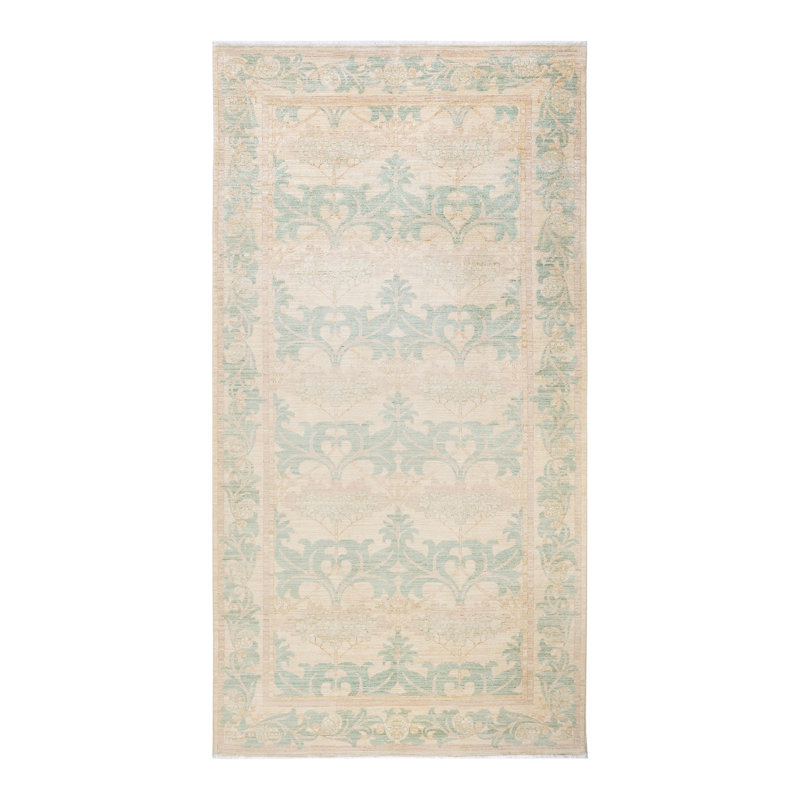 Hand-Knotted Ivory Wool Area Rug with Floral Motif
