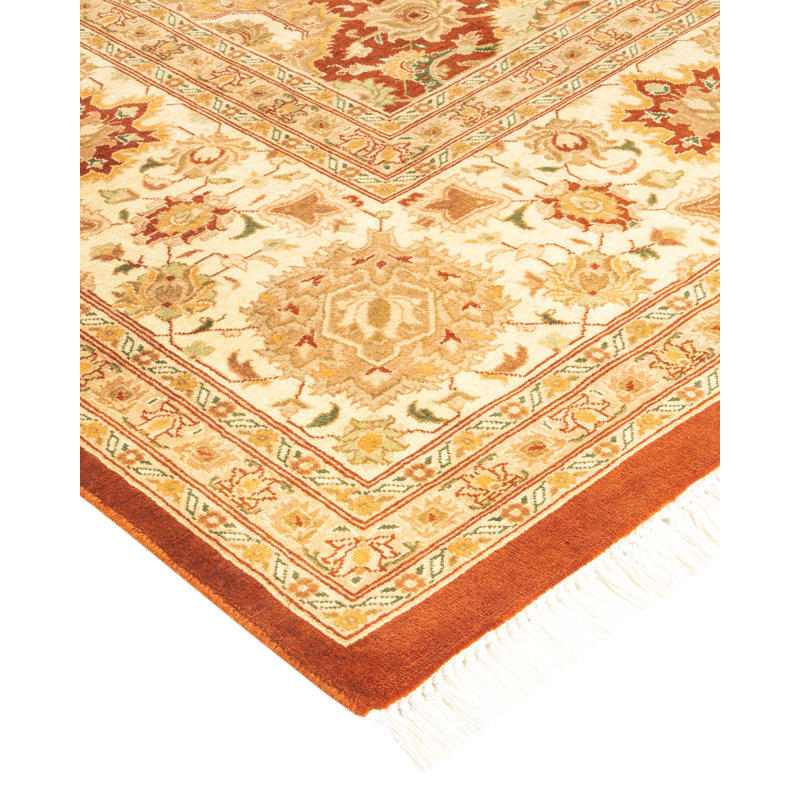 Hand-Knotted Ivory and Orange Wool 8' x 10' Oriental Rug