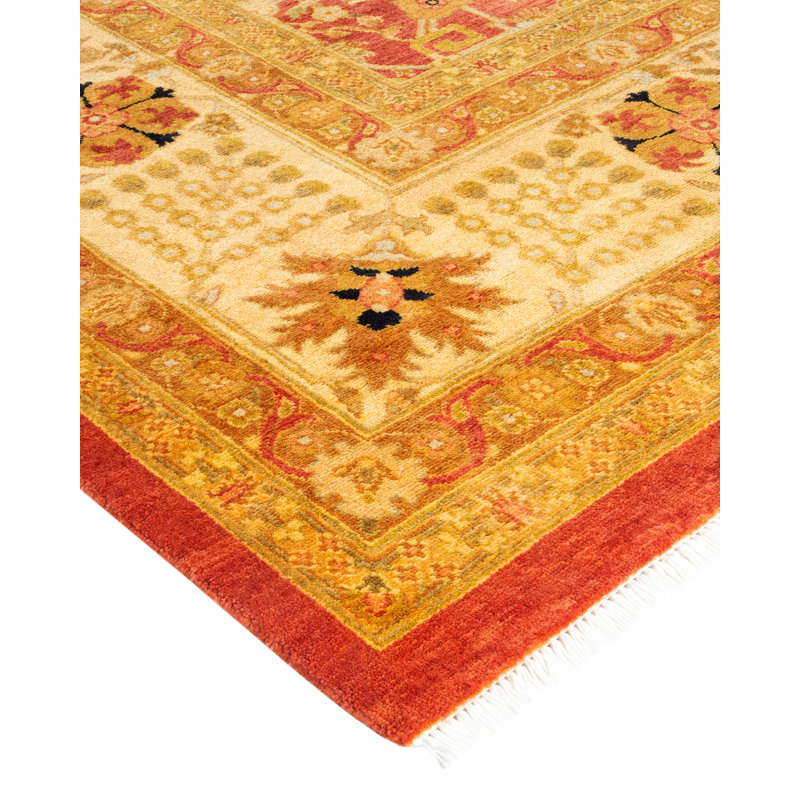 Hand-Knotted Orange Wool Floral 9' x 12' Area Rug